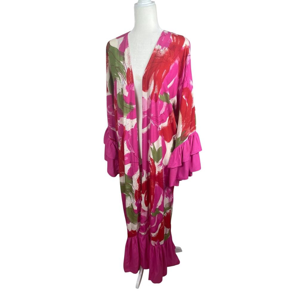 Anthropologie Bel Kazan Floral Kaftan Kimono Maxi Duster Ruffles Bell Sleeve OS - Picture 9 of 15